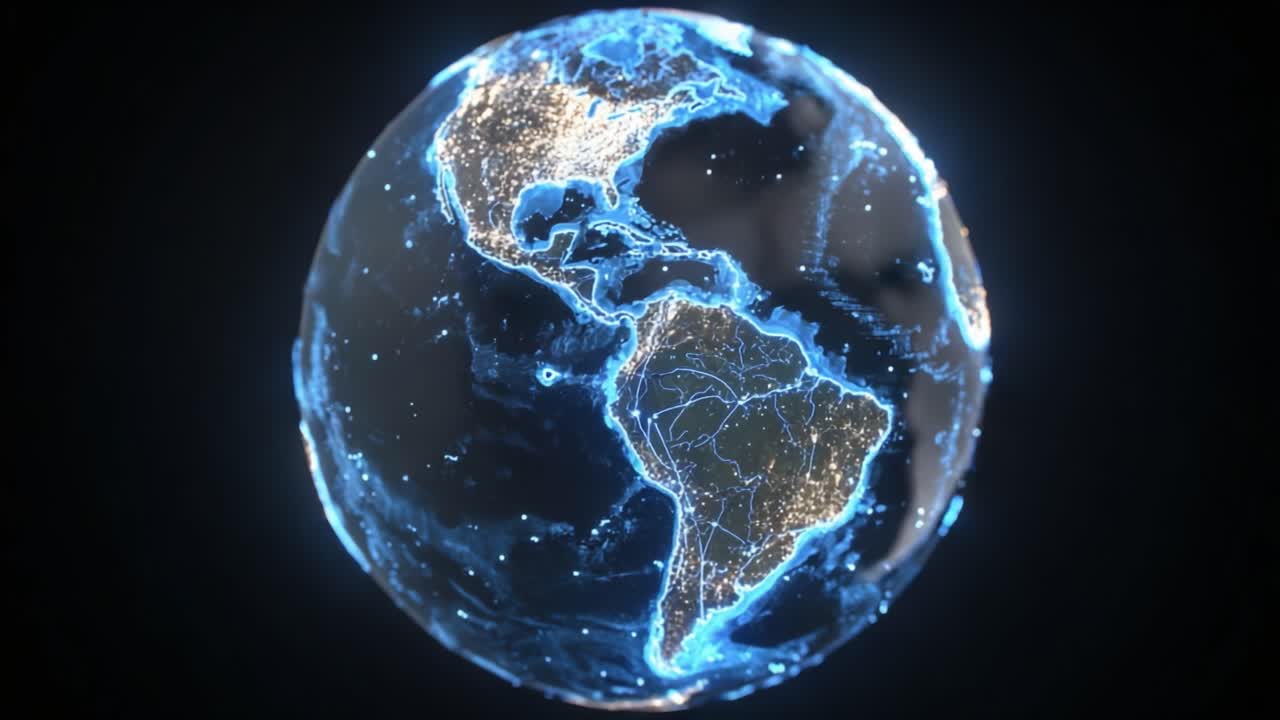 Uma Impressionante Representação Digital da Terra Iluminada à Noite, Exibindo Vastos Cenários Urbanos e Características Geográficas com Destaques Azuis Brilhantes e Clareza