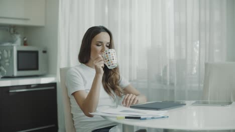 thoughtful woman open laptop computer. pensive person start work on computer