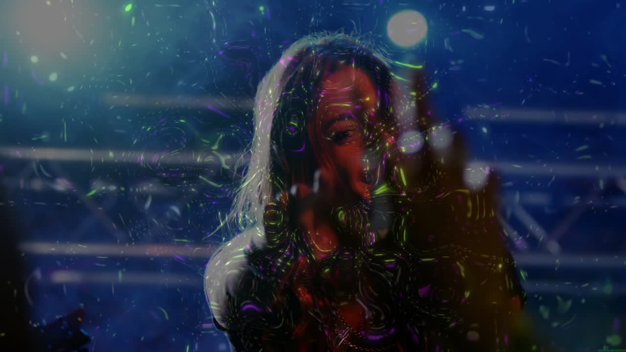 Female duo singing on music stage, holding microphone in psychedelic lights and holographic effects