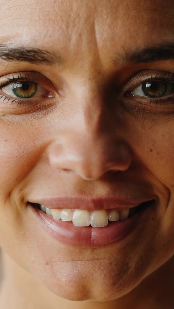 Vertical video: Smiling adult woman responding to recording start, speaking to camera at home
