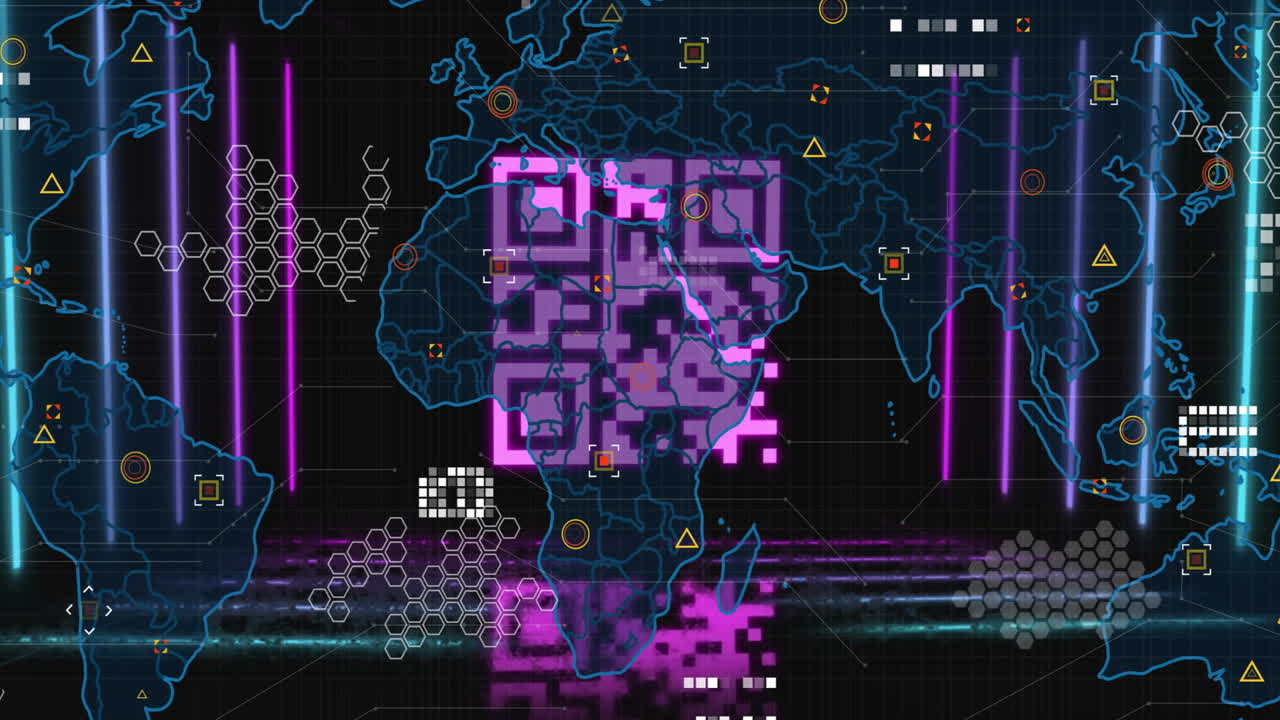 Glowing purple and blue geometric patterns on futuristic digital map with animation