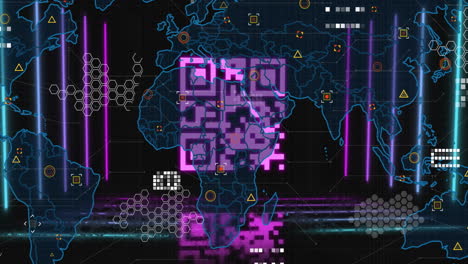 glowing purple and blue geometric patterns on futuristic digital map with animation