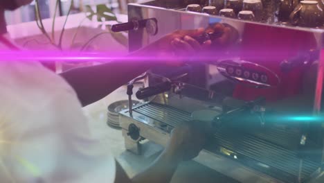 Animation-of-light-spots-over-biracial-man-using-coffee-machine