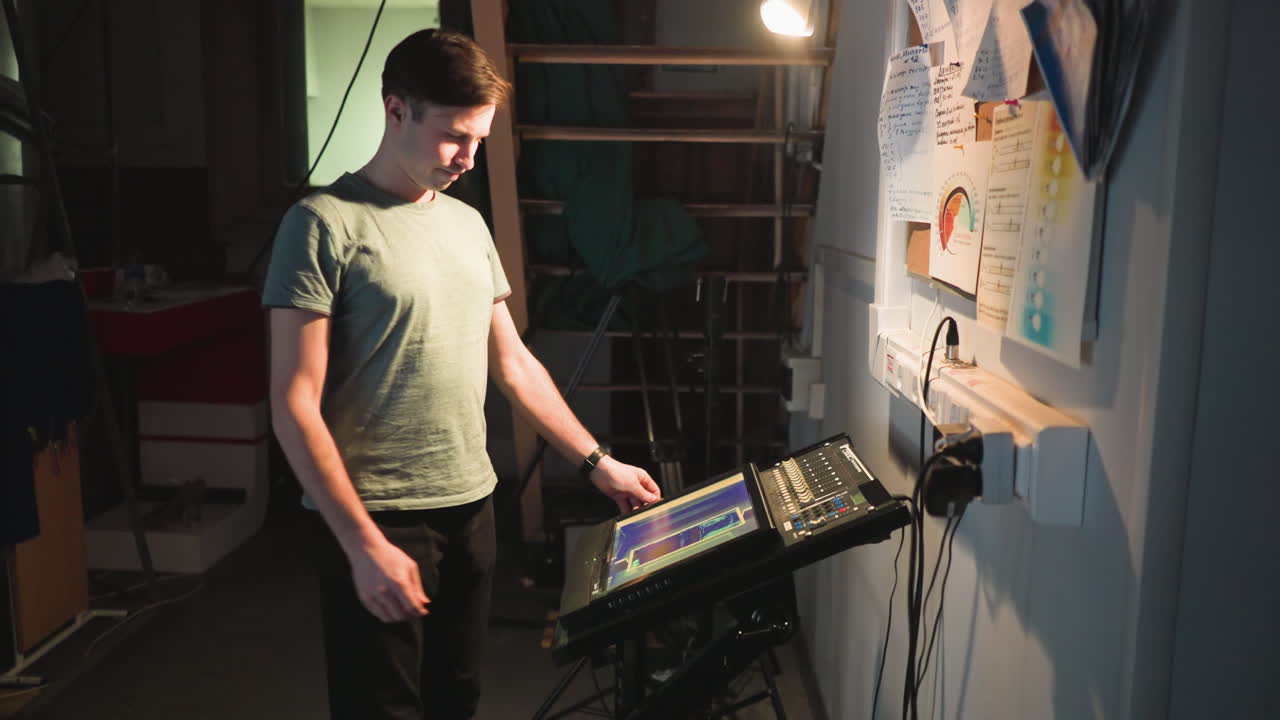 Young man in green t-shirt stands in dimly lit technical room examining control panel with colorful screen, surrounded by wall notes, power cords, and industrial staircase, appearing focused and thoughtful
