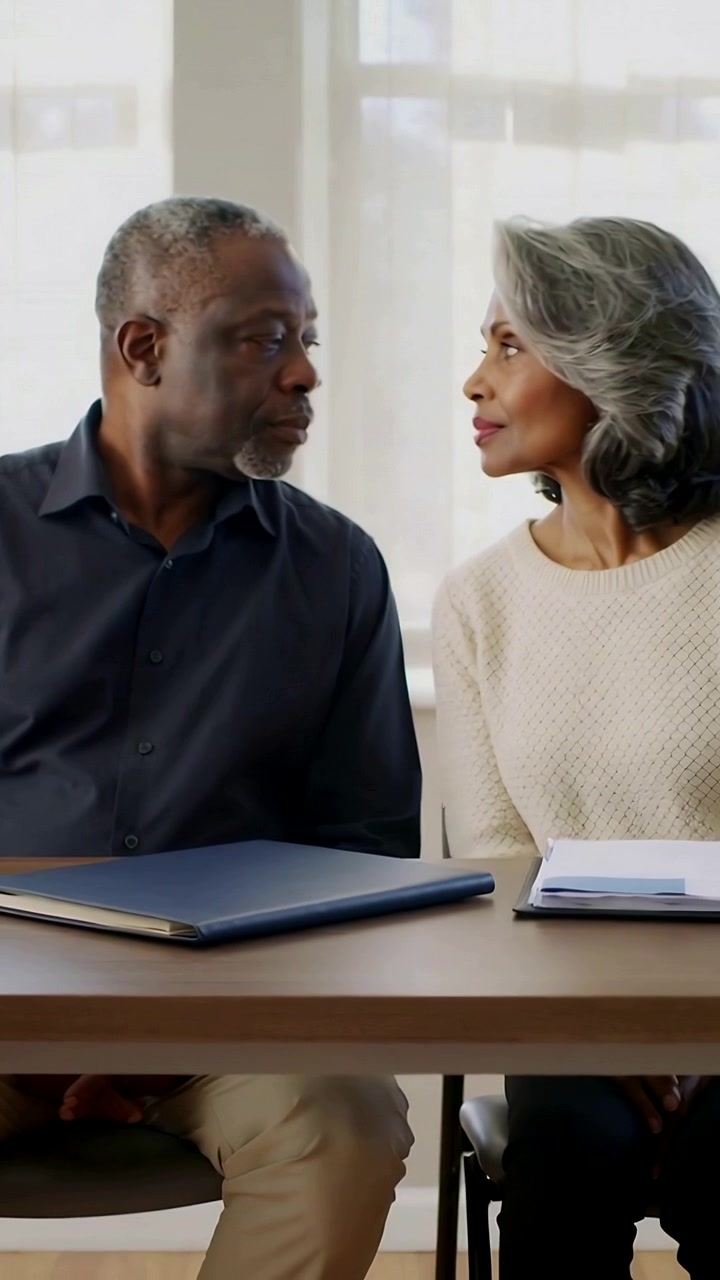 Vertical video: Reacting to unseen hand putting blue folder, couple leaning in at meeting with docs