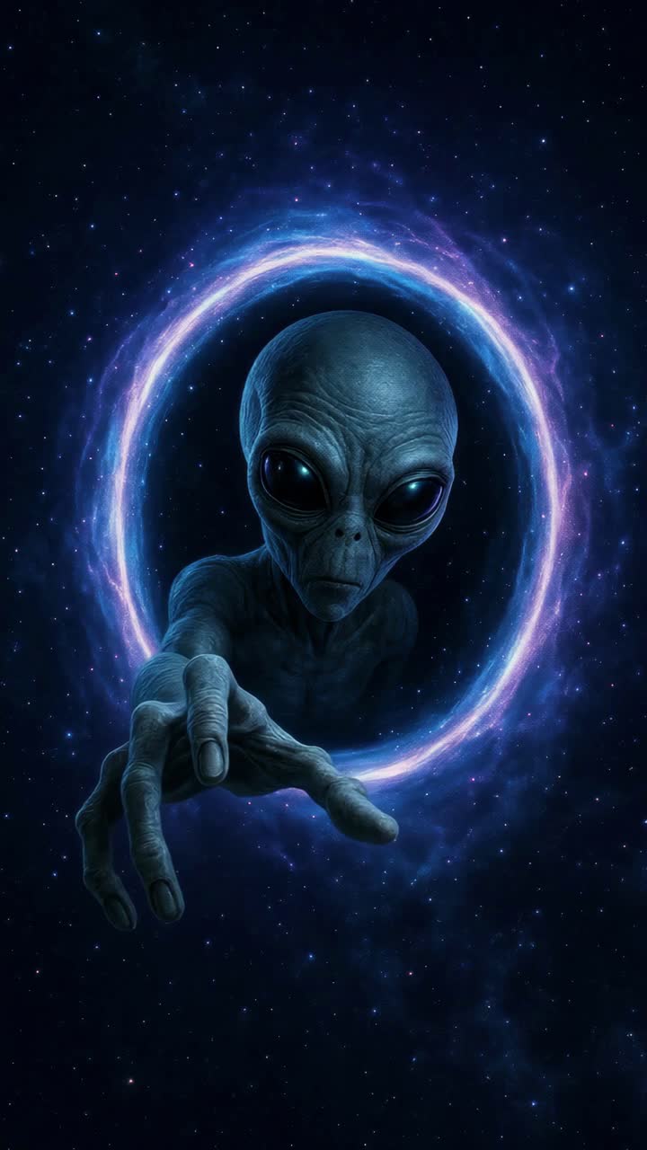 A surreal video concept featuring an alien reaching through a glowing portal