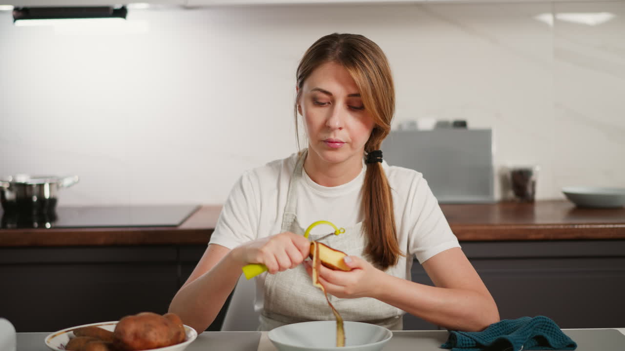 Portrait view of woman in apron peeling raw potatoes with peeler over bowl on kitchen table, surrounded by dishes and utensils in clean modern home cooking environment