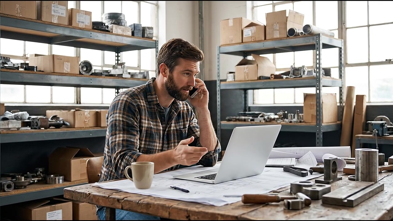 Addetto al magazzino che parla allo smartphone mentre usa un computer portatile all'interno di un magazzino industriale