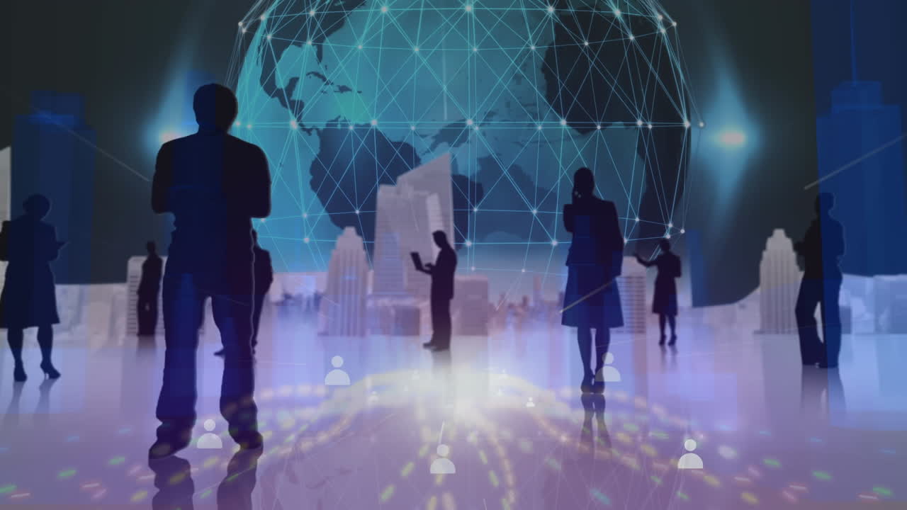 디지털 도시와 사업가 실루으로 전 세계 아이콘의 애니메이션