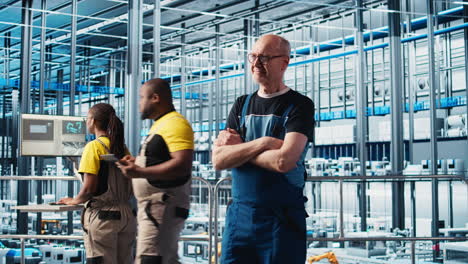 happy industry 4.0 solar panels plant elderly supervisor overseeing facility