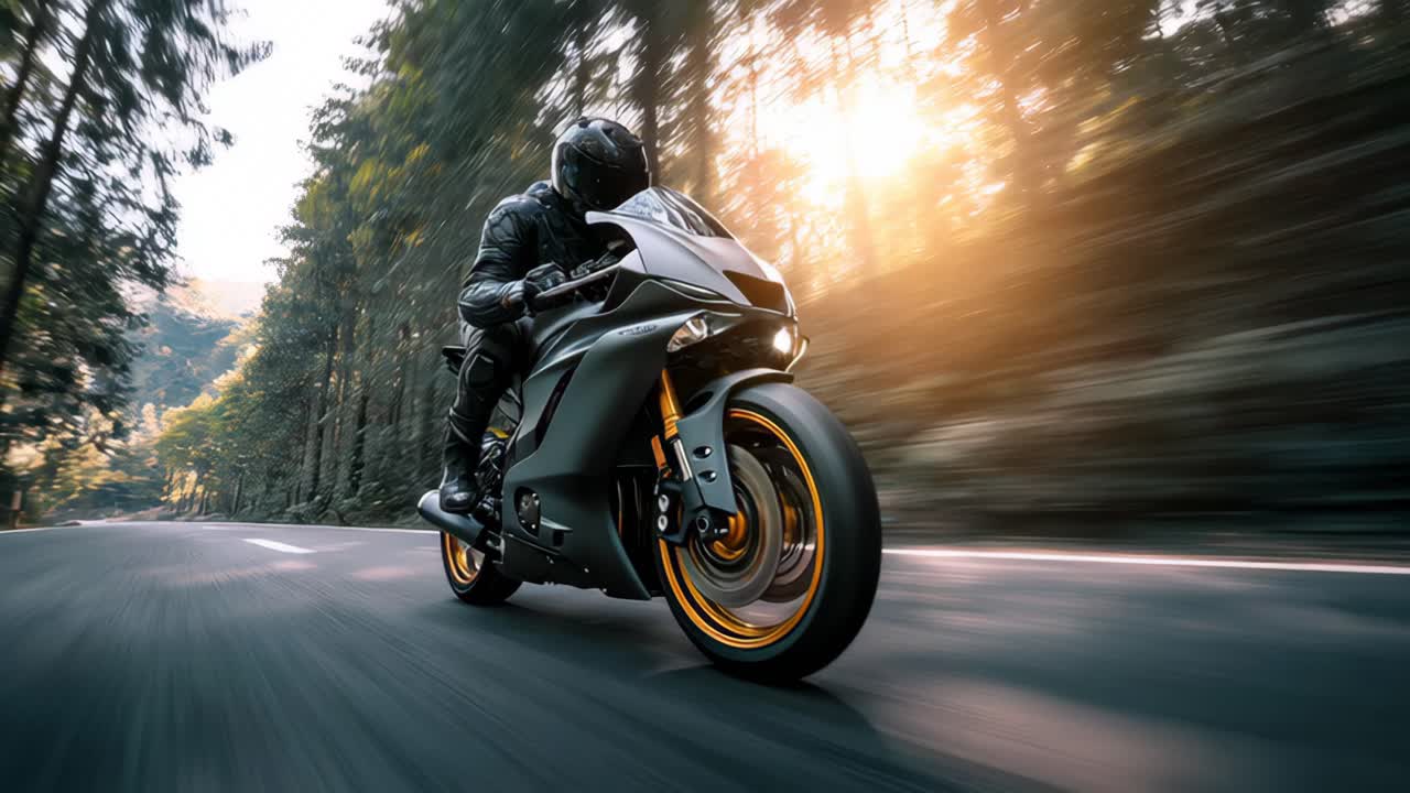 Adventurous ride motorcyclist on yellow sport bike in forest