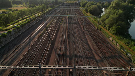 aerial view of extensive train tracks and railway system