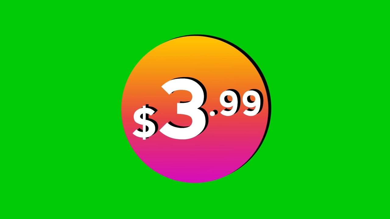 Etichetta prezzo animata da 3,99 dollari in grafica in movimento a cerchio colorata su sfondo green screen. Perfetto per annunci pubblicitari, e-commerce, vendita al dettaglio, sconti ed elemento video per concetti di promozione aziendale.