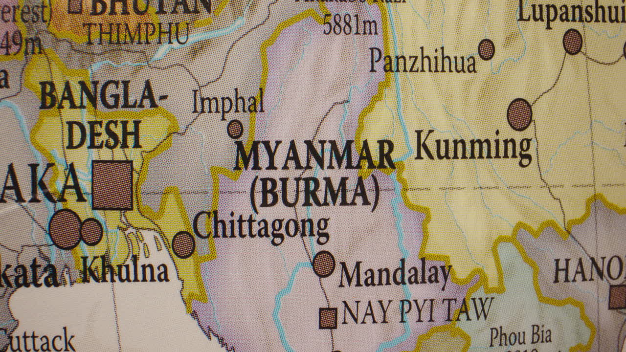 Close-up political map of Myanmar (Burma) and surrounding countries