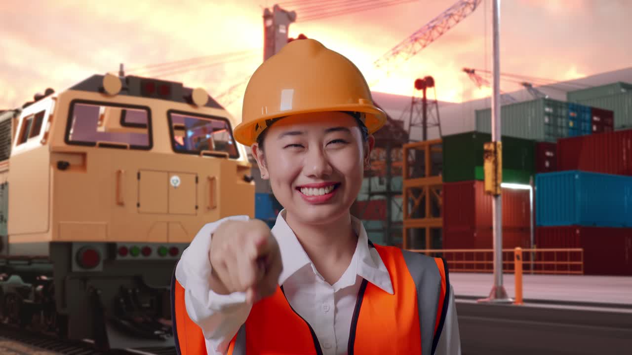 Close Up Of Asian Female Engineer With Safety Helmet Smiling And Touching Her Chest Then Pointing At You With Freight Cargo Train At Port