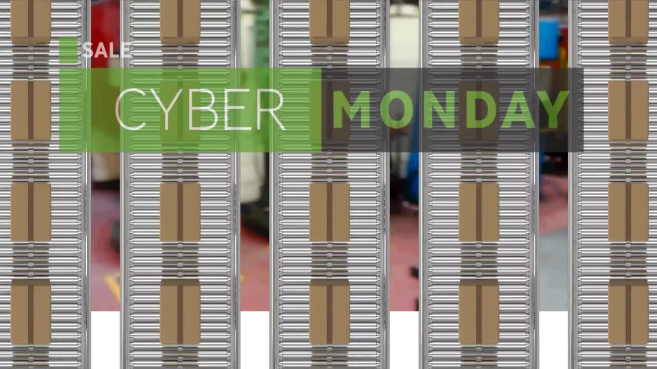 Animation of cyber monday sale text over cardboard boxes on conveyor belts