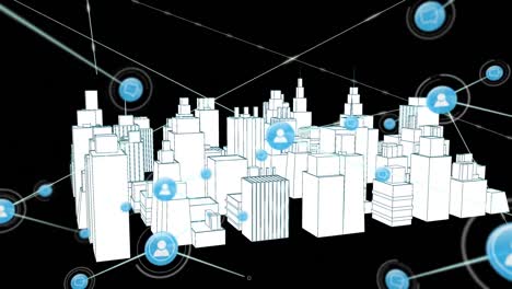 animation of networks of connections with icons over 3d city drawing spinning on black background