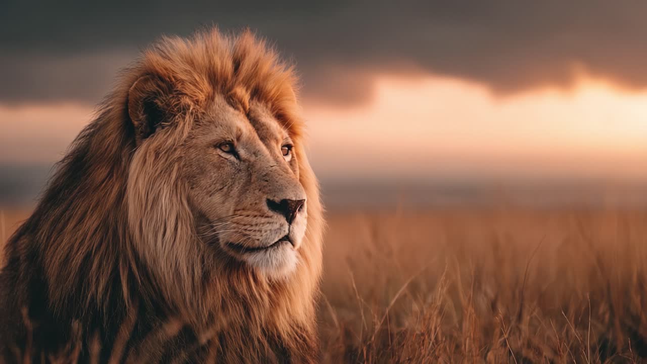 Majestic Lion Gazing Into the Dusk: A Captivating Portrait of Nature's King in His Element as the Sun Sets Over the Serengeti Landscape