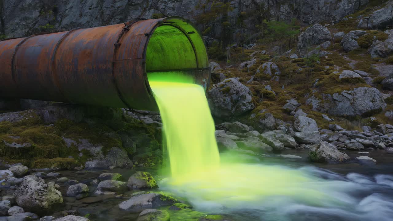 Toxic Green Liquid Discharged from Rusty Pipe into Stream