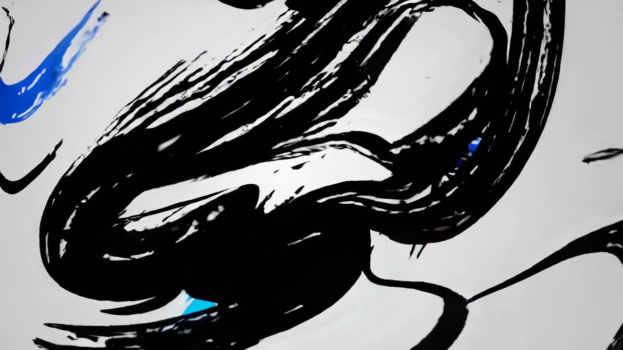 Abstract video art with bold black, red, and blue brushstrokes on a white background