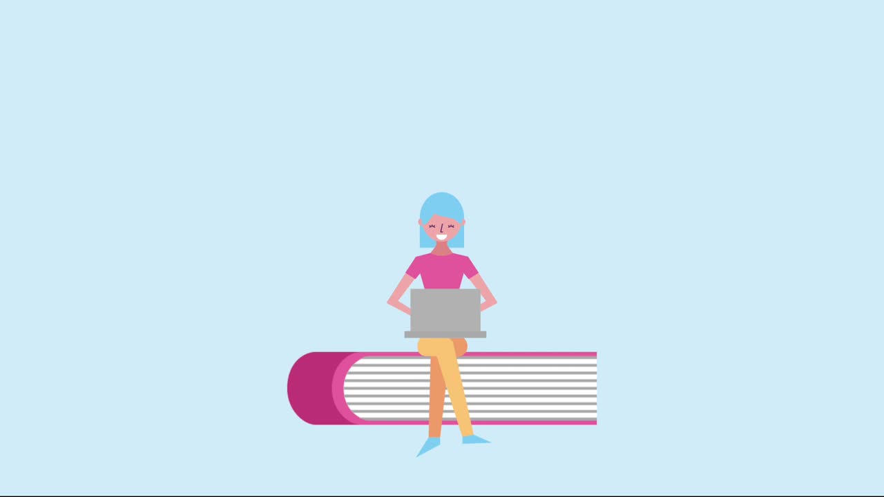 woman sitting on stacked books