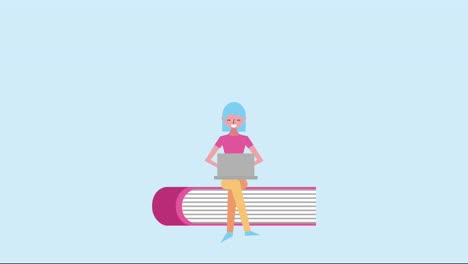 mujer sentada en libros apilados