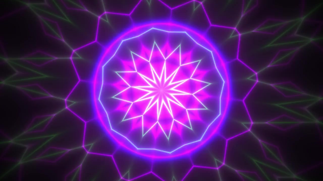Caleidoscopio dinamico al neon con forme geometriche pulsanti