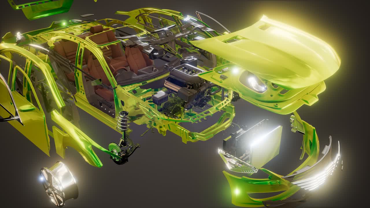 눈에 띄는 부분이 있는 분해된 자동차