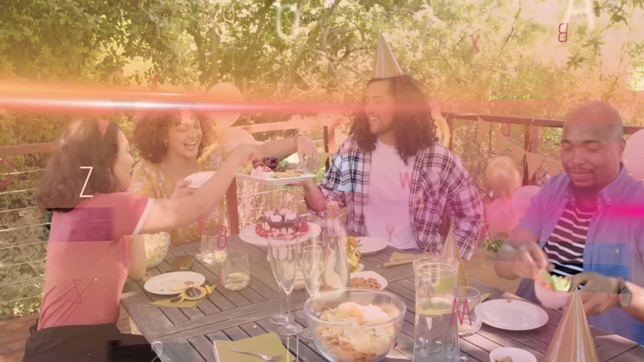 Friends serving cake after cutting, for birthday event content, pink effects sweeping over table