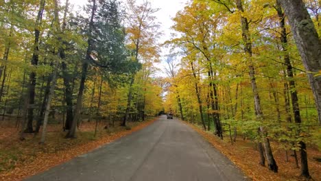 Scenic-road-winding-through-a-forest-in-Door-County,-Wisconsin-during-autumn,-with-vibrant-fall-foliage-and-a-serene-atmosphere