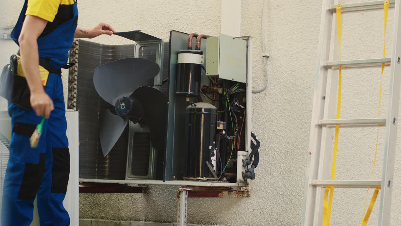 Technician removing dust from blower fan