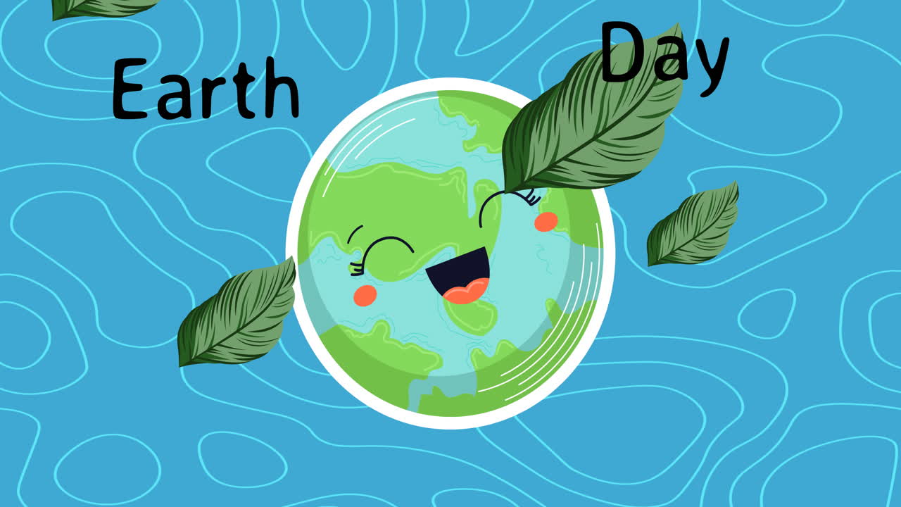 анимация текста дня земли над руками улыбающегося глобуса и листьев на синем фоне