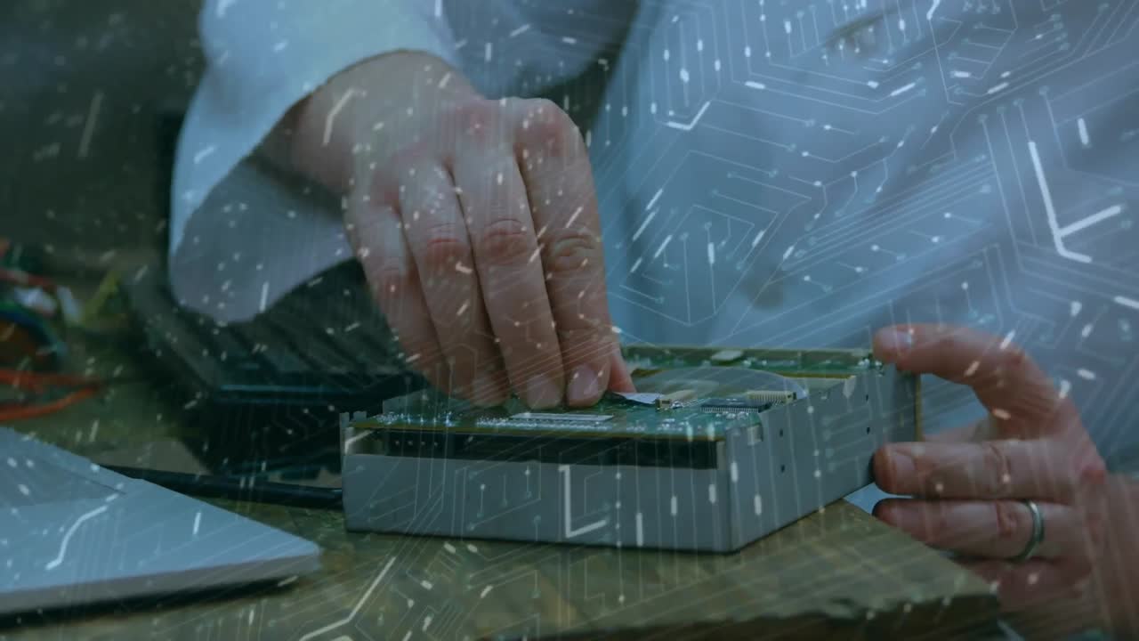 창고에서 컴퓨터를 사용하는 중간 섹션에 대한 연결 네트워크