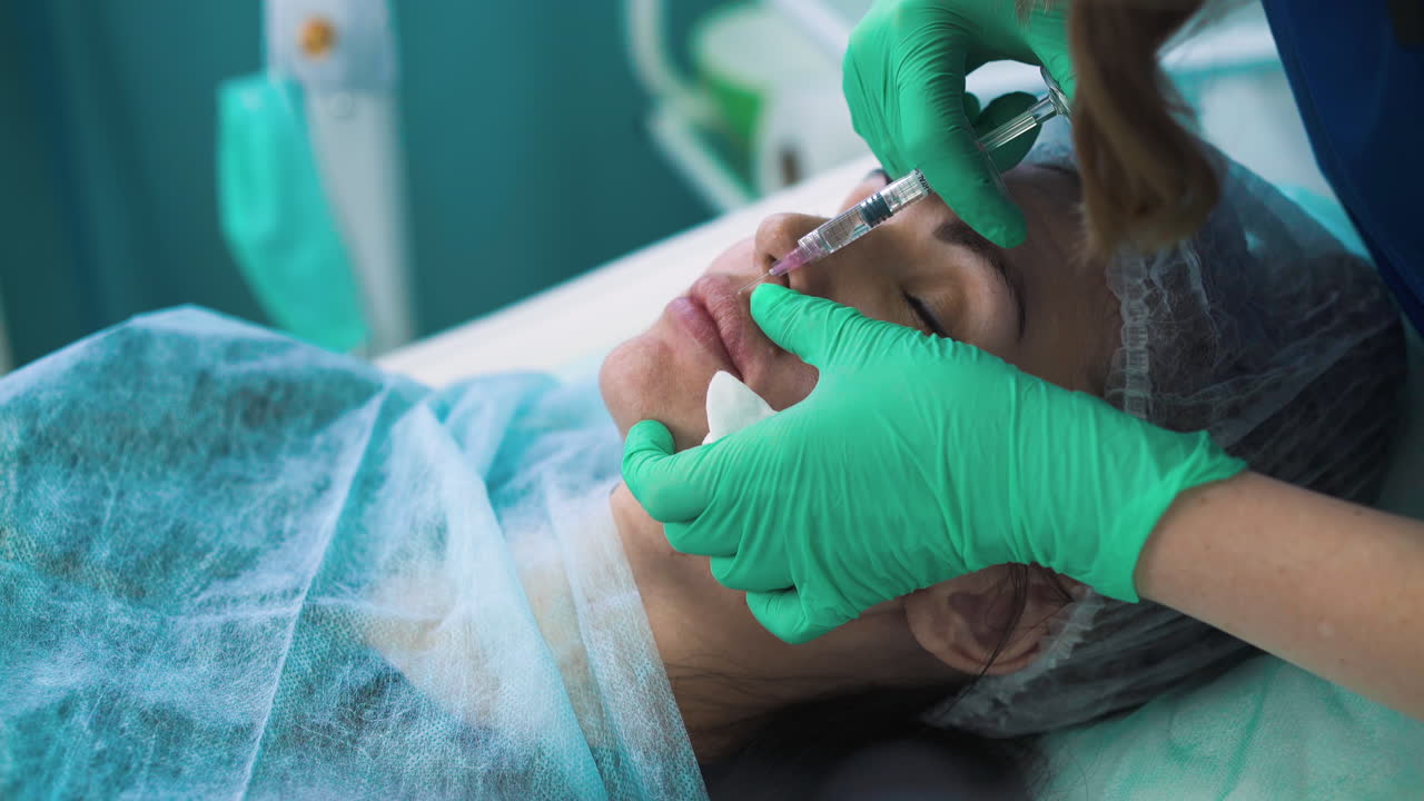 mujer cliente se somete a un procedimiento de aumento de labios en la clínica