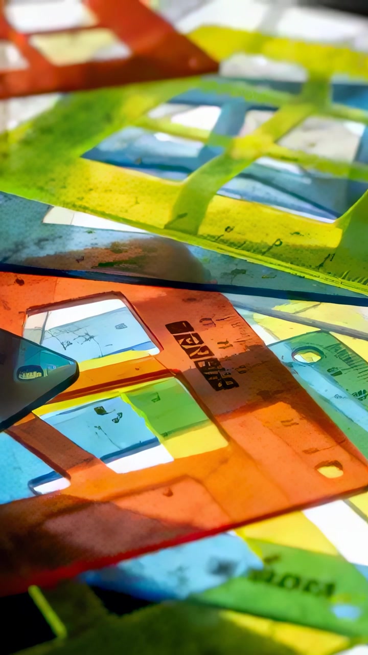 Vertical video: Tilting camera showing orange green blue stencils on lightbox to reveal ruler marks