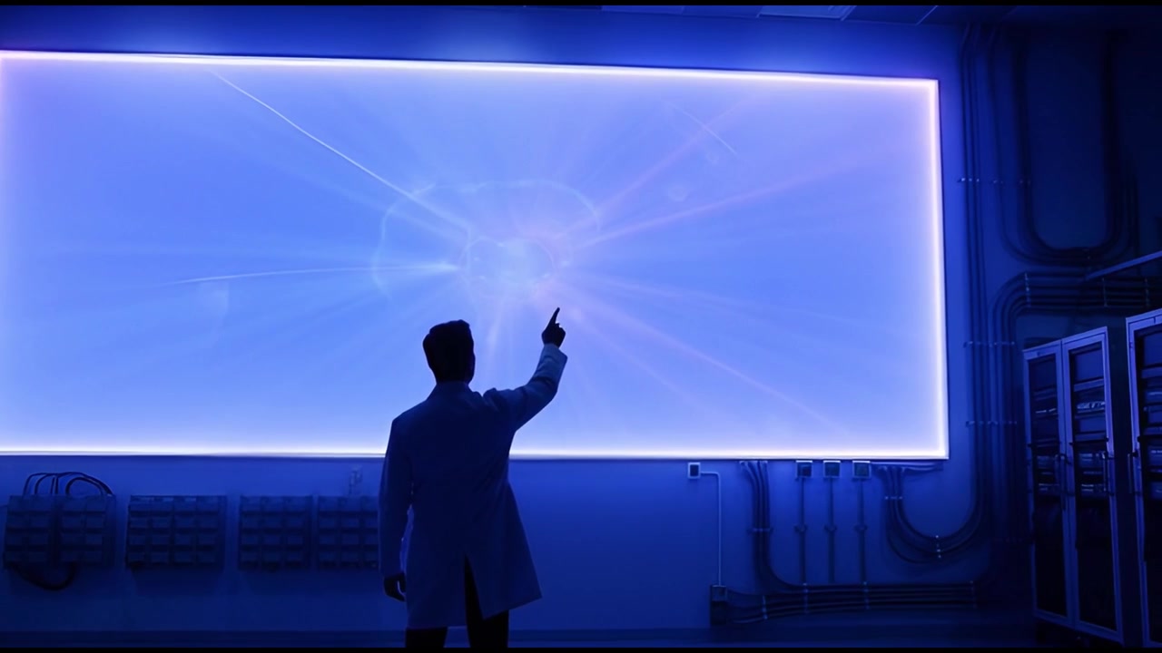 Scientist in Lab Coat Interacting with Futuristic Blue Screen Display