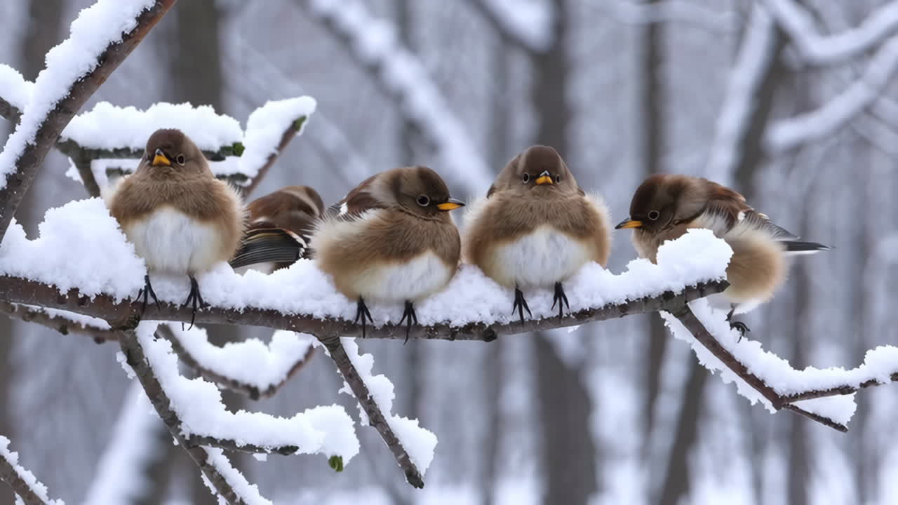 Fluffy Birds Perched on Snow-Covered Branches in Winter