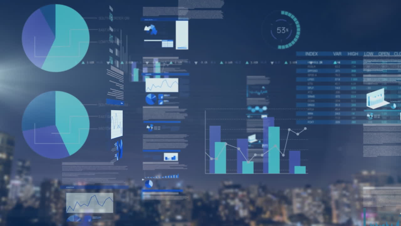 animación del procesamiento de datos financieros sobre el paisaje urbano