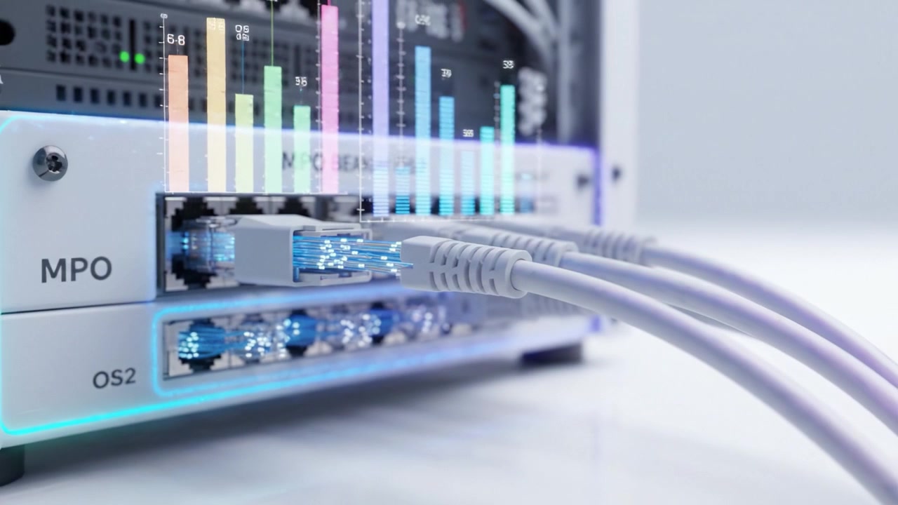 High-Speed Network Connections: Advanced Technology Infrastructure with MPO Connectors and Enhanced Data Transmission Visualizations in a Server Environment