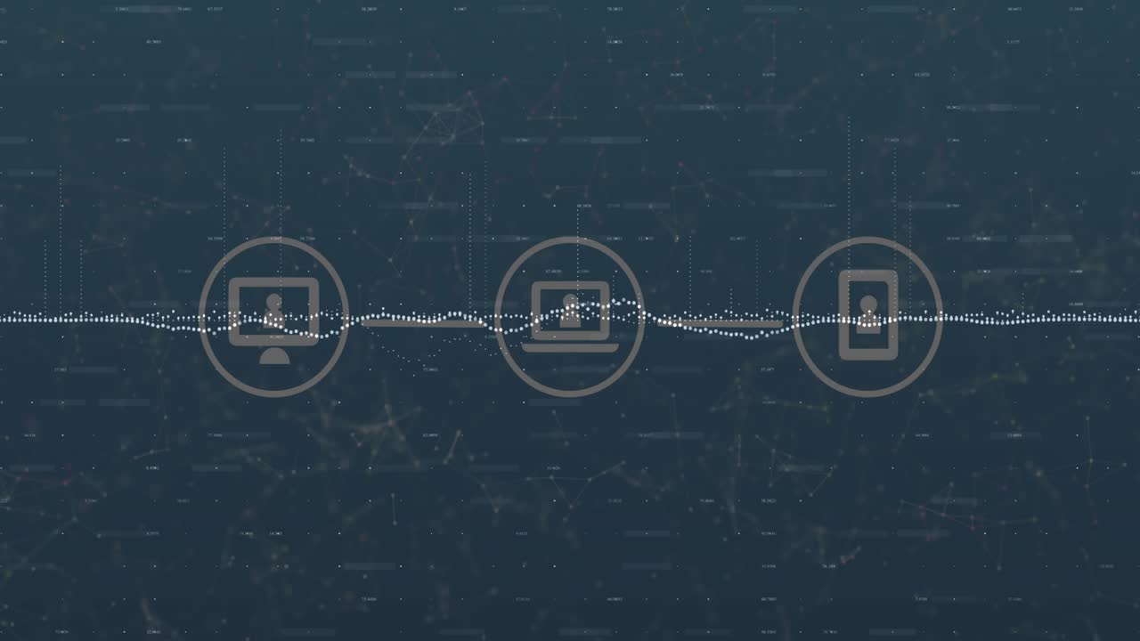Waveform initiating laptop appearing, document emerging, phone appearing, arcs pulsing data flow