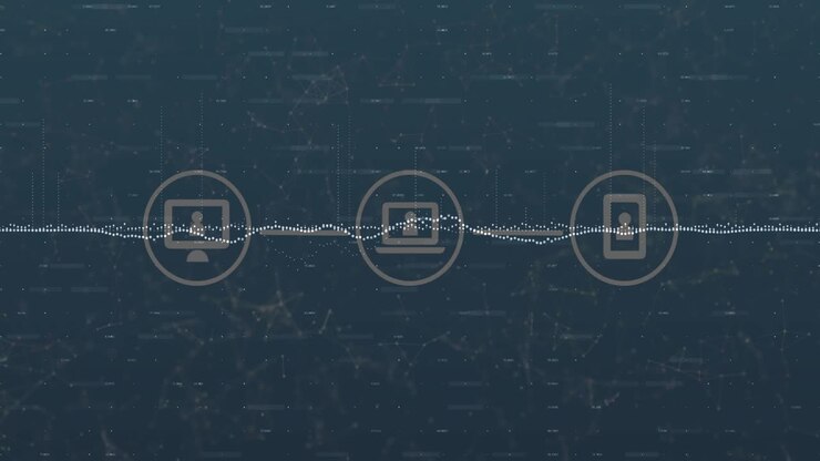 Waveform initiating laptop appearing, document emerging, phone appearing, arcs pulsing data flow