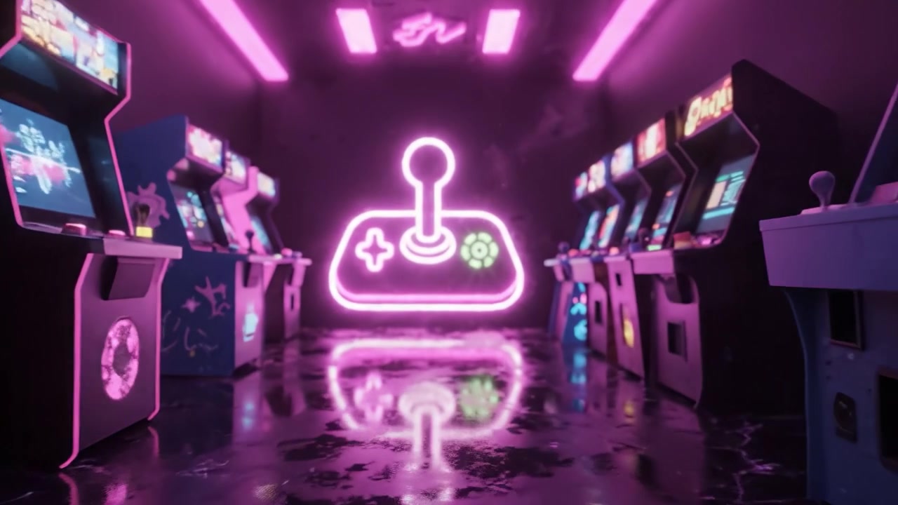 Neon Arcade Adventure: Exploring a Dazzling Virtual Realm Filled with Retro Gaming Joy and a Vibrant Atmosphere of Light and Color