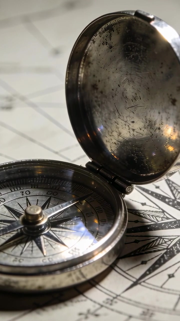 Vertical video: Panning camera showing compass on chart light hitting hinge patina showing markings