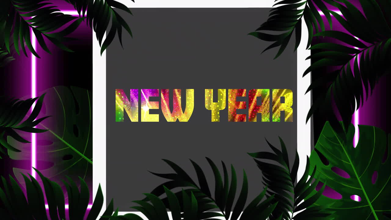 New Year text animation with colorful lights over tropical leaves frame
