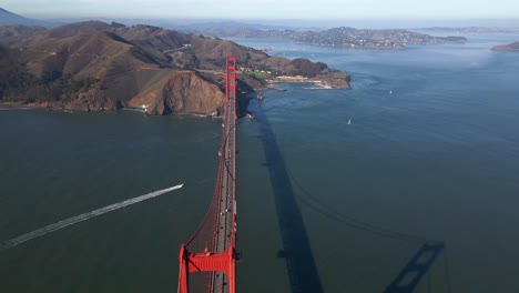 aerial view over the historic, golden gate bridge - high angle, reverse, drone shot