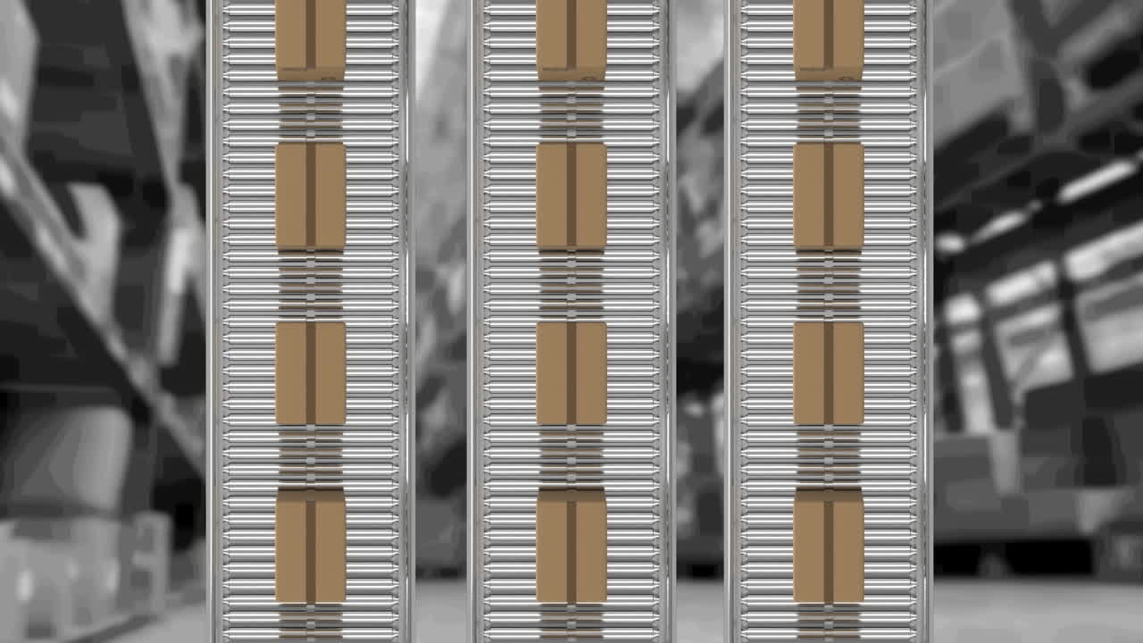 animación de cajas de cartón que se mueven en cintas transportadoras sobre el almacén