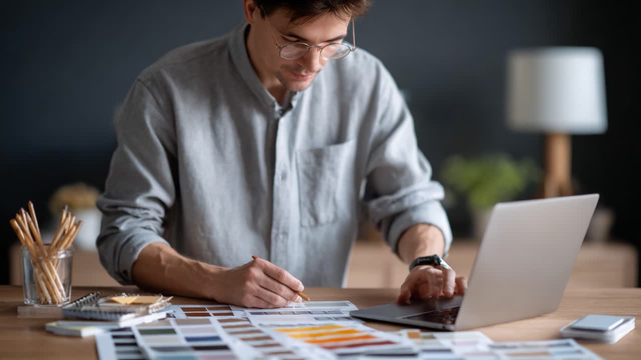 Un* designer* concentrato che analizza le *palette* di colori e abbozza idee con un laptop in un'area di lavoro creativa