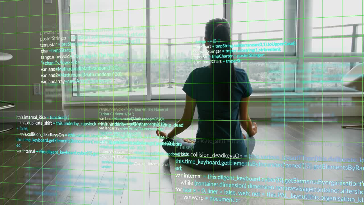 woman meditating on mat by window, code streams appearing across grid wrapping around form in tech