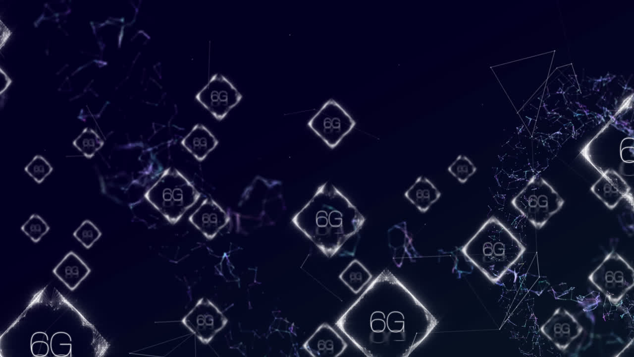 Animation of network of connections with 6g text over shapes