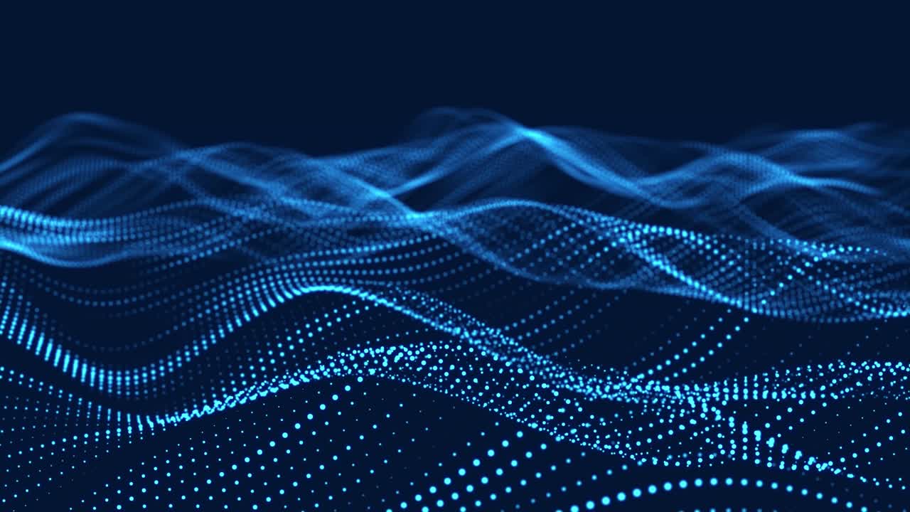 Dynamic wave of glowing particles. Digital technology background. 3d rendering. Seamless loop.